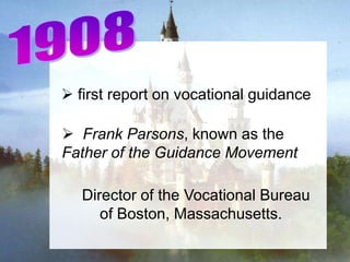  first report on vocational guidance

 Frank Parsons, known as the
Father of the Guidance Movement

   Director of the Vocational Bureau
      of Boston, Massachusetts.
 