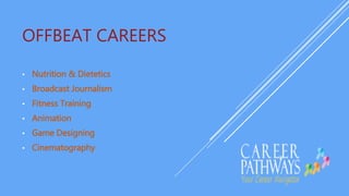OFFBEAT CAREERS
• Nutrition & Dietetics
• Broadcast Journalism
• Fitness Training
• Animation
• Game Designing
• Cinematography
 