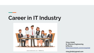Career in IT Industry
Vinay Jindal
Sr. Director Engineering
IoT83 Inc
https://www.linkedin.com/in/vinayjindal
vinay.jindal@gmail.com
 