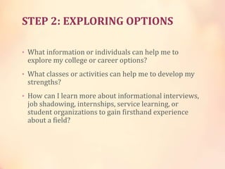 STEP 2: EXPLORING OPTIONS
• What information or individuals can help me to
explore my college or career options?
• What classes or activities can help me to develop my
strengths?
• How can I learn more about informational interviews,
job shadowing, internships, service learning, or
student organizations to gain firsthand experience
about a field?
 