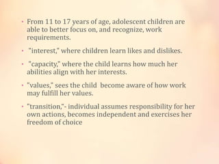 • From 11 to 17 years of age, adolescent children are
able to better focus on, and recognize, work
requirements.
• "interest," where children learn likes and dislikes.
• "capacity," where the child learns how much her
abilities align with her interests.
• "values," sees the child become aware of how work
may fulfill her values.
• "transition,“- individual assumes responsibility for her
own actions, becomes independent and exercises her
freedom of choice
 