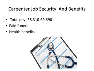 Carpenter Job Security And Benefits
• Total pay- 38,310-69,590
• Paid funeral
• Health benefits
 