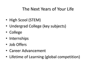 The Next Years of Your Life
• High Scool (STEM)
• Undergrad College (key subjects)
• College
• Internships
• Job Offers
• Career Advancement
• Lifetime of Learning (global competition)
 