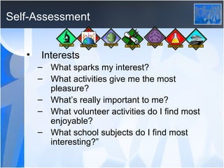 Self-Assessment


   •   Interests
       – What sparks my interest?
       – What activities give me the most
         pleasure?
       – What’s really important to me?
       – What volunteer activities do I find most
         enjoyable?
       – What school subjects do I find most
         interesting?”
 