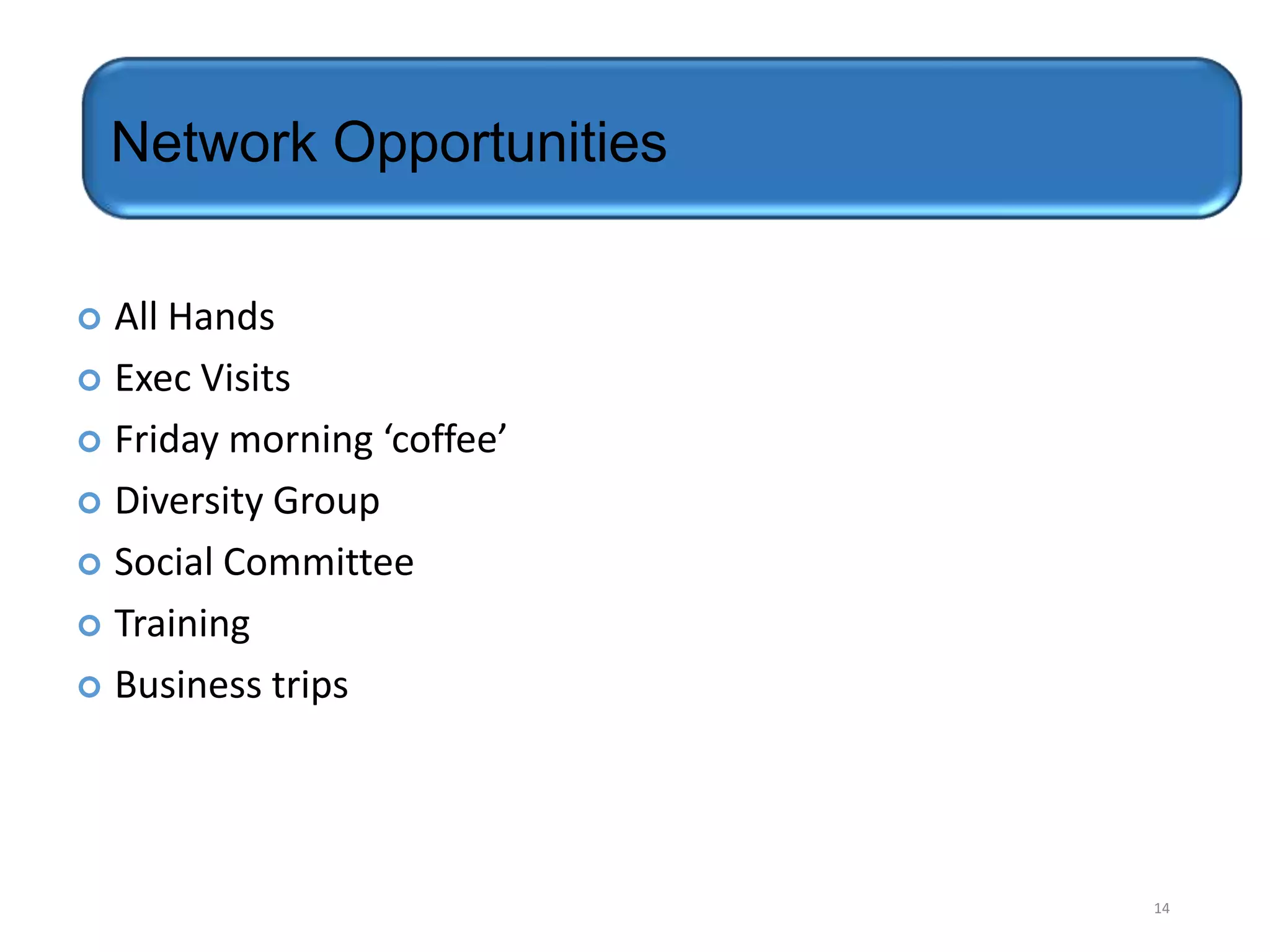 Other Career Development Opportunities
Network Opportunities
All Hands
 Exec Visits
 Friday morning ‘coffee’
 Diversity Group
 Social Committee
 Training
 Business trips


14

 