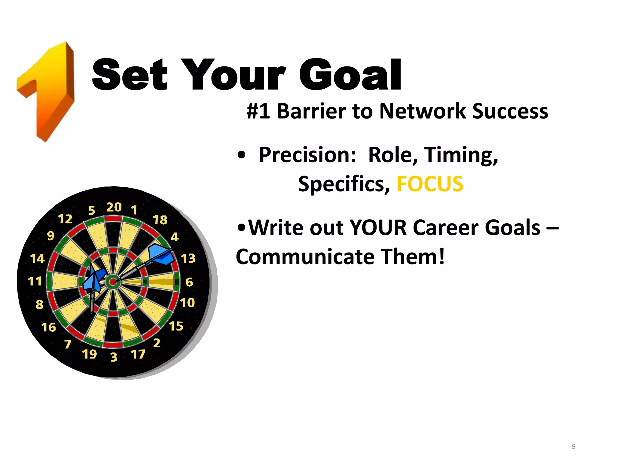 Set Your Goal
#1 Barrier to Network Success
• Precision: Role, Timing,
Specifics, FOCUS
•Write out YOUR Career Goals –
Communicate Them!

9

 