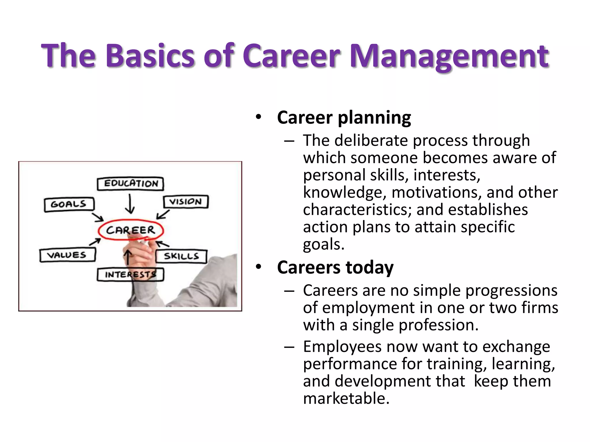 The Basics of Career Management
• Career planning
– The deliberate process through
which someone becomes aware of
personal skills, interests,
knowledge, motivations, and other
characteristics; and establishes
action plans to attain specific
goals.
• Careers today
– Careers are no simple progressions
of employment in one or two firms
with a single profession.
– Employees now want to exchange
performance for training, learning,
and development that keep them
marketable.
 