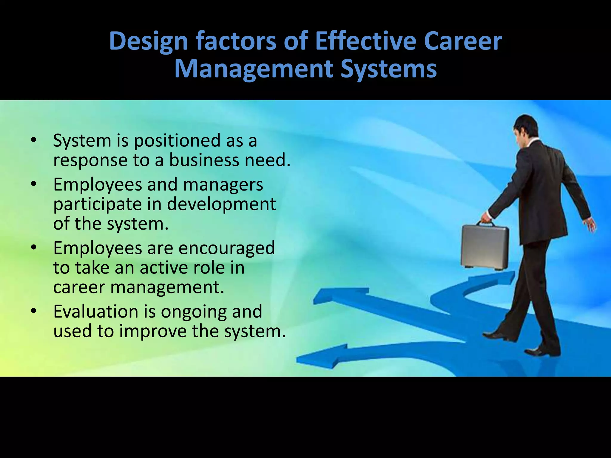 Design factors of Effective Career
Management Systems
• System is positioned as a
response to a business need.
• Employees and managers
participate in development
of the system.
• Employees are encouraged
to take an active role in
career management.
• Evaluation is ongoing and
used to improve the system.
 