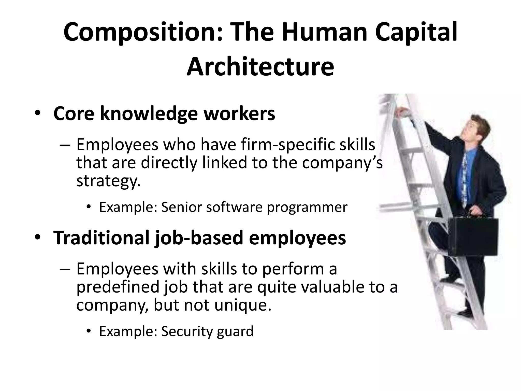Composition: The Human Capital
            Architecture
• Core knowledge workers
  – Employees who have firm-specific skills
    that are directly linked to the company’s
    strategy.
     • Example: Senior software programmer

• Traditional job-based employees
  – Employees with skills to perform a
    predefined job that are quite valuable to a
    company, but not unique.
     • Example: Security guard
 