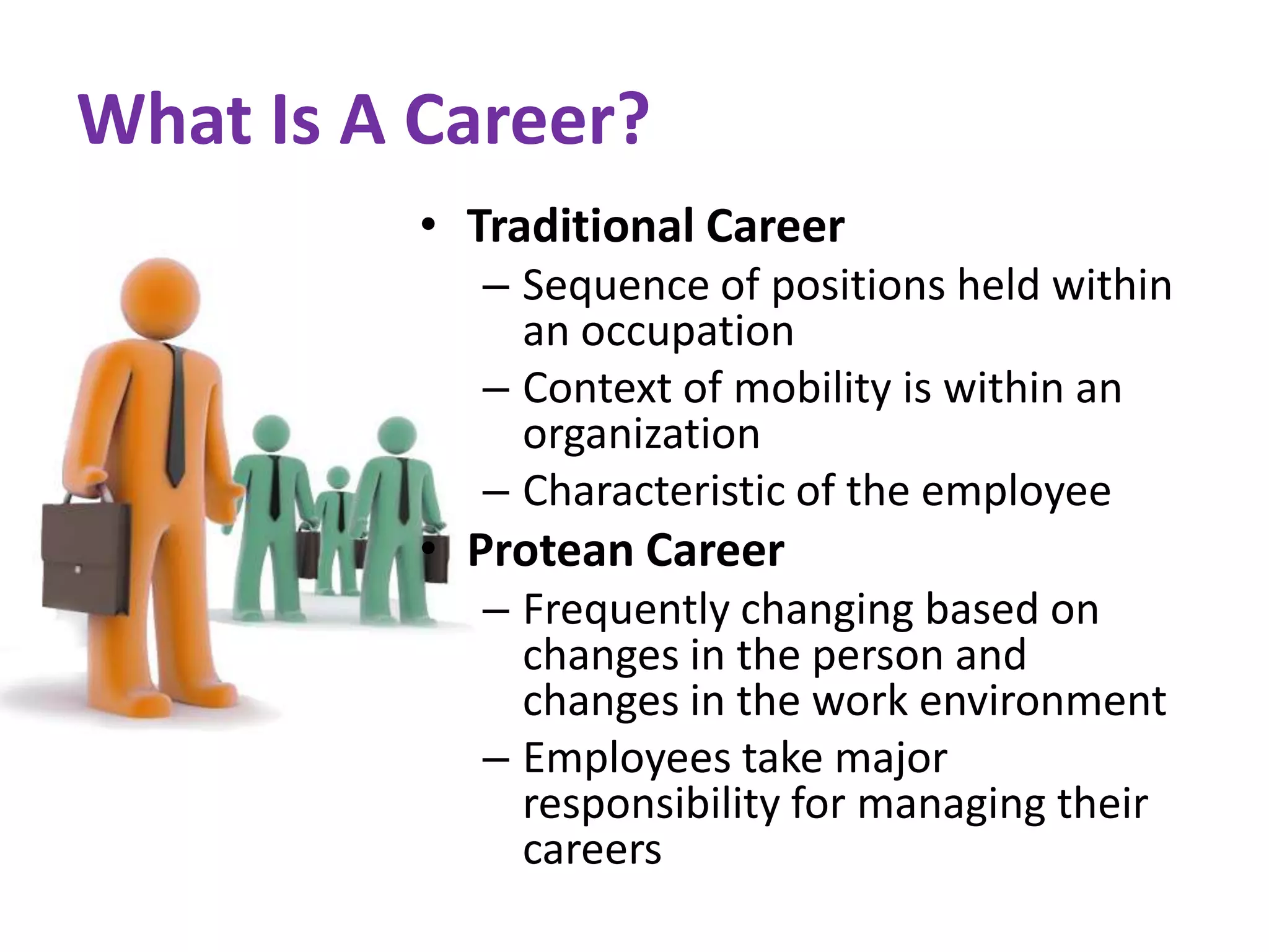 What Is A Career?
          • Traditional Career
            – Sequence of positions held within
              an occupation
            – Context of mobility is within an
              organization
            – Characteristic of the employee
          • Protean Career
            – Frequently changing based on
              changes in the person and
              changes in the work environment
            – Employees take major
              responsibility for managing their
              careers
 