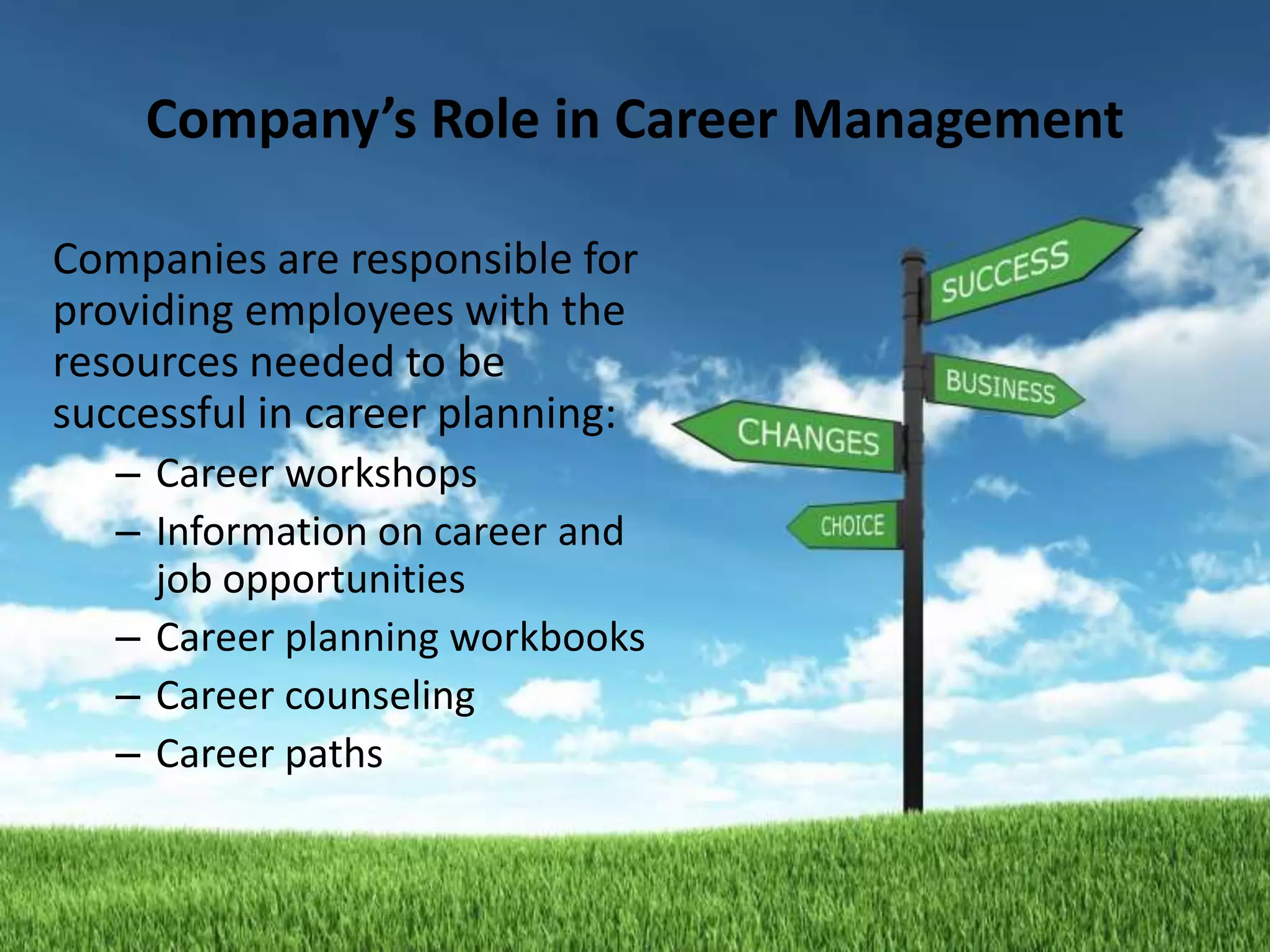 Company’s Role in Career Management

Companies are responsible for
providing employees with the
resources needed to be
successful in career planning:
   – Career workshops
   – Information on career and
     job opportunities
   – Career planning workbooks
   – Career counseling
   – Career paths
 