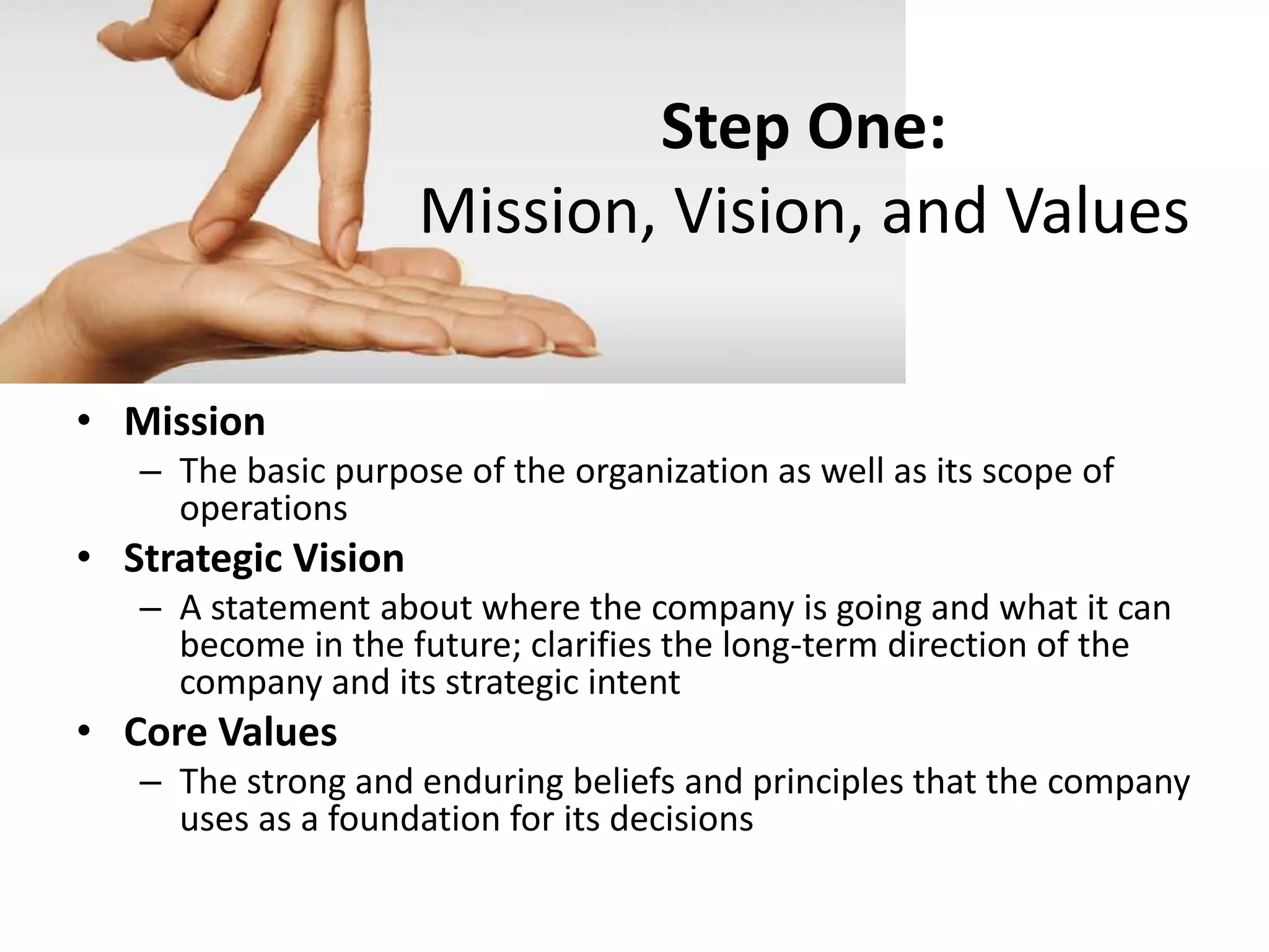 Step One:
                     Mission, Vision, and Values

• Mission
   – The basic purpose of the organization as well as its scope of
     operations
• Strategic Vision
   – A statement about where the company is going and what it can
     become in the future; clarifies the long-term direction of the
     company and its strategic intent
• Core Values
   – The strong and enduring beliefs and principles that the company
     uses as a foundation for its decisions
 