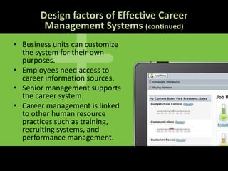 Design factors of Effective Career
Management Systems (continued)
• Business units can customize
the system for their own
purposes.
• Employees need access to
career information sources.
• Senior management supports
the career system.
• Career management is linked
to other human resource
practices such as training,
recruiting systems, and
performance management.
 