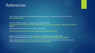 References
Child, Family, and School Social Workers. (2014, January 1). . Retrieved June 22, 2014, from
www.onetonline.org
Vermont. (2014, January 1). . Retrieved June 22, 2014, from
http://humanresources.vermont.gov/classification_hiring/classification/job_specifications?code=5
02500
Department of Human Resources State of Vermont
http://humanresources.vermont.gov/salary/compensation/pay_charts
Agency of Human Services. (2014, January 1). . Retrieved June 22, 2014, from
http://humanservices.vermont.gov/http://www.onetonline.org/help/bright/21-1021.00
FAQ's about social work in the Family Services Division. (2014, January 1). . Retrieved June 22,
2014, from http://dcf.vermont.gov/careers/social_work/faqs
 
