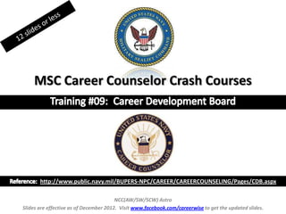 MSC Career Counselor Crash Courses




       http://www.public.navy.mil/BUPERS-NPC/CAREER/CAREERCOUNSELING/Pages/CDB.aspx

                                        NCC(AW/SW/SCW) Astro
Slides are effective as of December 2012. Visit www.facebook.com/careerwise to get the updated slides.
 
