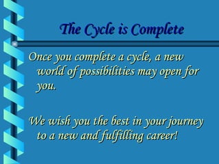 The Cycle is Complete Once you complete a cycle, a new world of possibilities may open for you. We wish you the best in your journey to a new and fulfilling career! 