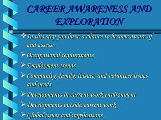 CAREER AWARENESS AND EXPLORATION In this step you have a chance to become aware of and assess: Occupational requirements Employment trends Community, family, leisure, and volunteer issues and needs Developments in current work environment Developments outside current work Global issues and implications 