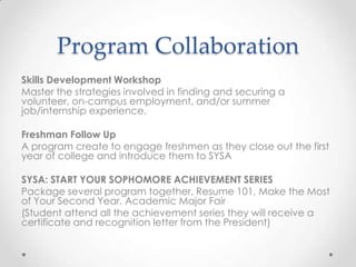 Program Collaboration
Skills Development Workshop
Master the strategies involved in finding and securing a
volunteer, on-campus employment, and/or summer
job/internship experience.

Freshman Follow Up
A program create to engage freshmen as they close out the first
year of college and introduce them to SYSA

SYSA: START YOUR SOPHOMORE ACHIEVEMENT SERIES
Package several program together, Resume 101, Make the Most
of Your Second Year, Academic Major Fair
(Student attend all the achievement series they will receive a
certificate and recognition letter from the President)
 