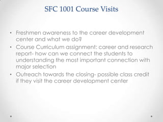 SFC 1001 Course Visits


• Freshmen awareness to the career development
  center and what we do?
• Course Curriculum assignment: career and research
  report- how can we connect the students to
  understanding the most important connection with
  major selection
• Outreach towards the closing- possible class credit
  if they visit the career development center
 