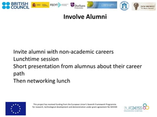 This project has received funding from the European Union’s Seventh Framework Programme
for research, technological development and demonstration under grant agreement No 643330
Involve Alumni
Invite alumni with non-academic careers
Lunchtime session
Short presentation from alumnus about their career
path
Then networking lunch
 