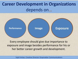 Career Development in Organizations
depends on…
Sajid Imtiaz: Creative Director Graymatter Communications
Performance Image Exposure
Every employee should give due importance to
exposure and image besides performance for his or
her better career growth and development.
 
