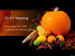 CD PLT Meeting
September 26, 2016
facilitated by Vanessa Lewis
 