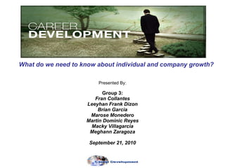 What do we need to know about individual and company growth? Presented By: Group 3: Fran Collantes Leeyhan Frank Dizon Brian Garcia Marose Monedero Martin Dominic Reyes Macky Villagarcia Meghann Zaragoza September 21, 2010 