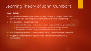 Learning Theory of John Krumbolts
Basic Beliefs


Though both heredity and environment influence people’s behaviour,
counsellors can only shape environment conducive to learning



Two significant kind of learning


Instrumental learning – occurs when positive outcomes follow a given behavioiur



Associative learning – occurs when people observe outcomes that are
experienced by others and take these persons as role models



Positive reinforcement occurs when specific behaviours are rewarded



Negative reinforcement occurs when some aversive stimulus is
terminated

 