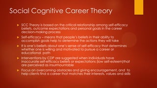 Social Cognitive Career Theory


SCC Theory is based on the critical relationship among self-efficacy
beliefs, outcome expectations and personal goals in the career
decision-making process



Self-efficacy – means that people’s beliefs in their ability to
accomplish goals help to determine the actions they will take



It is one’s beliefs about one’s sense of self-efficacy that determines
whether one is willing and motivated to pursue a career or
educational path



Interventions by CDP are suggested when individuals have
inaccurate self-efficacy beliefs or expectations (low self-esteem)that
are perceived as insurmountable



Focus on overcoming obstacles and giving encouragement, and to
help clients find a career that matches their interests, values and skills

 