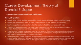 Career Development Theory of
Donald E. Super
-- Focus on how careers unfold over the life span
Theory’s Propositions


People differ in their abilities, personalities, needs, values, interests, traits and self-concepts



People are qualified, by virtue of these characteristics, for a number of occupations



Each occupation requires a characteristics pattern of abilities and personality traits



Vocational preferences and competencies, the situations in which people live and work and
hence, their self-concepts change with time and experience



This process of change maybe summed up in a series of life stages characterized as a sequence
of growth, exploration, establishment, maintenance and decline. Multiple-trial careers involve
new growth, re-exploration, and re-establishment



The nature of the career pattern is determined by the individual’s parental socioeconomic level,
mental ability, education, skills, personality characteristics (needs, values, interests, traits and selfconcept), career maturity, and by the opportunities to which an individual is exposed

 