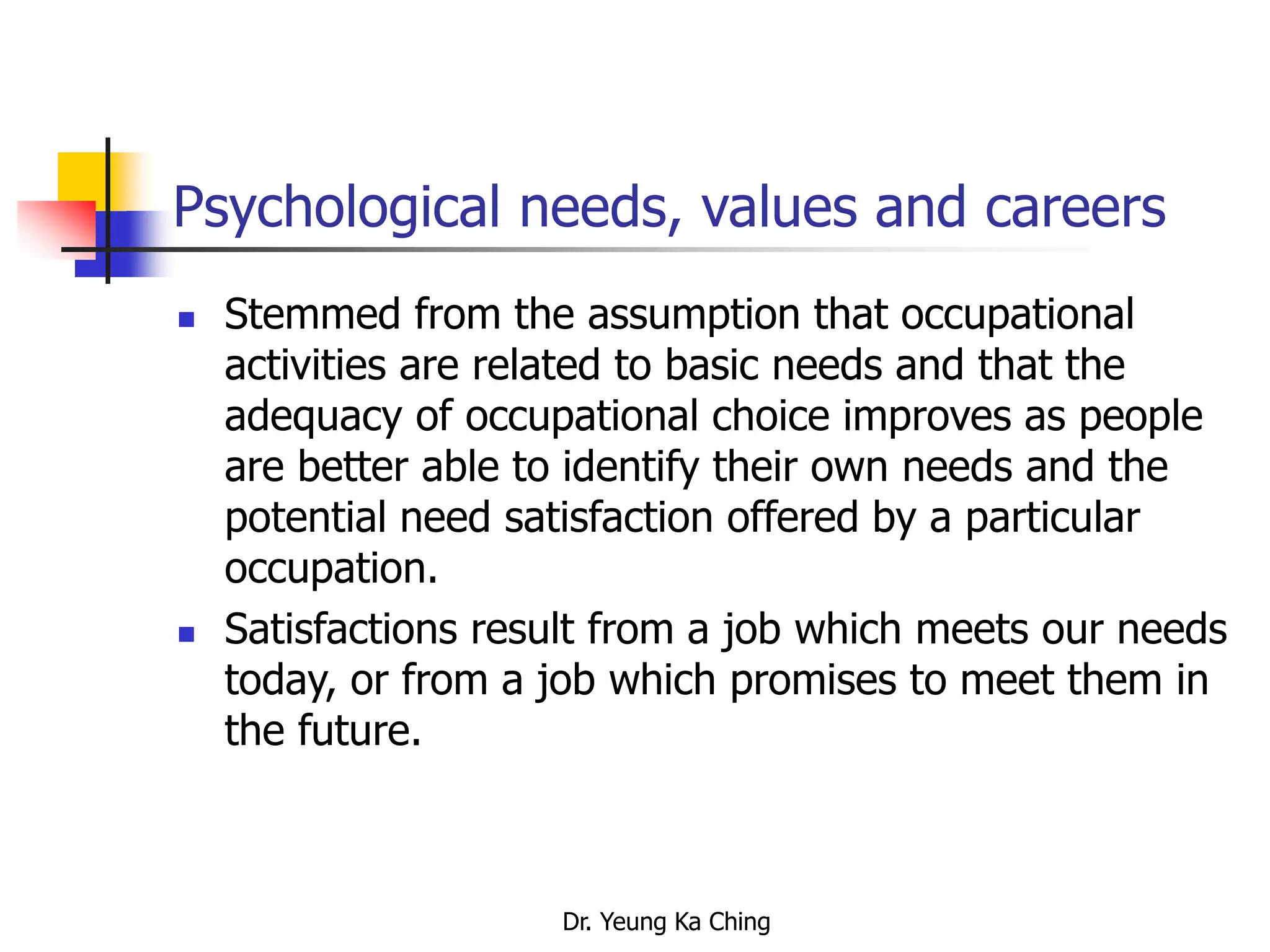 Dr. Yeung Ka Ching
Psychological needs, values and careers
 Stemmed from the assumption that occupational
activities are related to basic needs and that the
adequacy of occupational choice improves as people
are better able to identify their own needs and the
potential need satisfaction offered by a particular
occupation.
 Satisfactions result from a job which meets our needs
today, or from a job which promises to meet them in
the future.
 