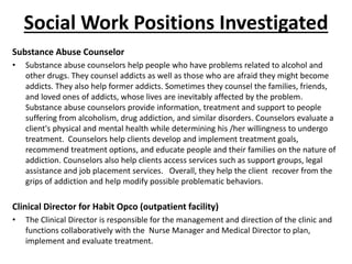 Social Work Positions Investigated
Substance Abuse Counselor
• Substance abuse counselors help people who have problems related to alcohol and
other drugs. They counsel addicts as well as those who are afraid they might become
addicts. They also help former addicts. Sometimes they counsel the families, friends,
and loved ones of addicts, whose lives are inevitably affected by the problem.
Substance abuse counselors provide information, treatment and support to people
suffering from alcoholism, drug addiction, and similar disorders. Counselors evaluate a
client's physical and mental health while determining his /her willingness to undergo
treatment. Counselors help clients develop and implement treatment goals,
recommend treatment options, and educate people and their families on the nature of
addiction. Counselors also help clients access services such as support groups, legal
assistance and job placement services. Overall, they help the client recover from the
grips of addiction and help modify possible problematic behaviors.
Clinical Director for Habit Opco (outpatient facility)
• The Clinical Director is responsible for the management and direction of the clinic and
functions collaboratively with the Nurse Manager and Medical Director to plan,
implement and evaluate treatment.
 
