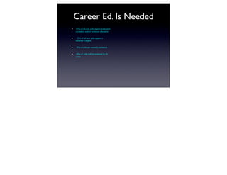 Career Ed. Is Needed
•    65% of all new jobs require some post-
    secondary and/or technical education


•    22% of all new jobs require a
    bachelor’s degree


•   36% of jobs are currently technical.


•    45% of jobs will be technical in 10
    years
 