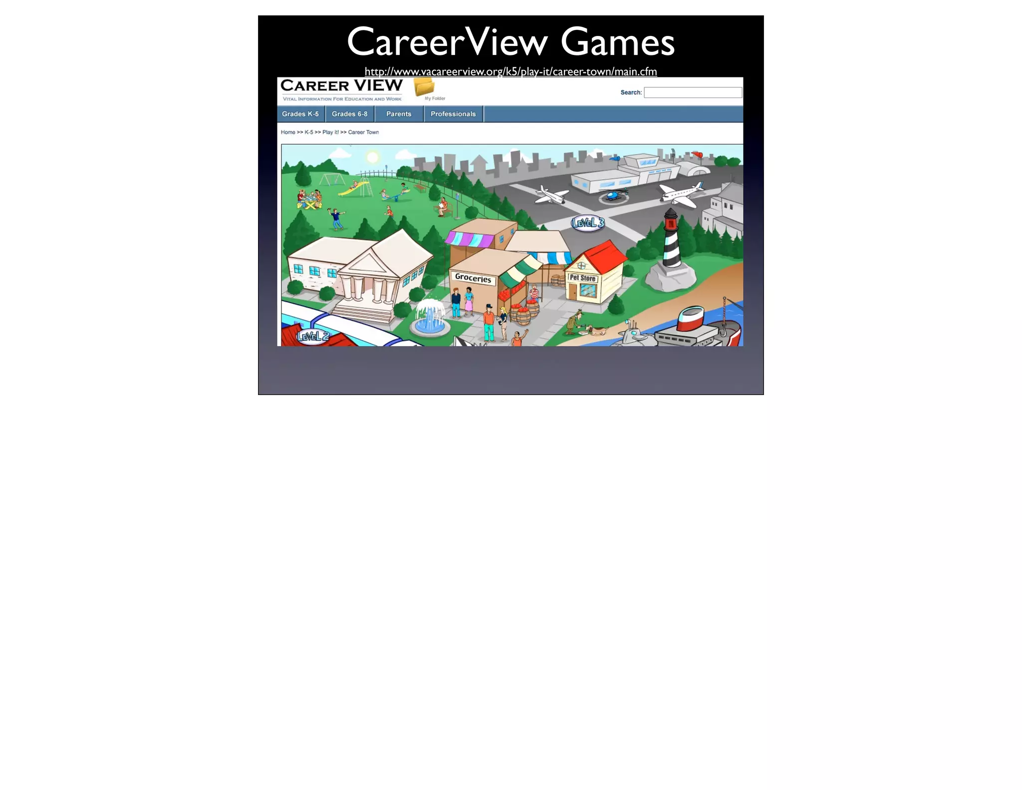 CareerView Games
http://www.vacareerview.org/k5/play-it/career-town/main.cfm
 