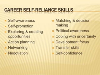 CAREER SELF-RELIANCE SKILLS

   Self-awareness            Matching & decision
   Self-promotion             making
   Exploring & creating      Political awareness
    opportunities             Coping with uncertainty
   Action planning           Development focus
   Networking                Transfer skills
   Negotiation               Self-confidence
 