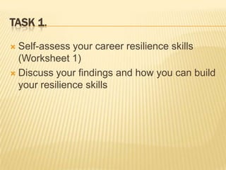 TASK 1.

 Self-assess your career resilience skills
  (Worksheet 1)
 Discuss your findings and how you can build
  your resilience skills
 