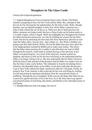 Metaphors In The Glass Castle
Literary DeviceQuoteExplanation
* 1. Implied Metaphoryou ll never build the Glass Castle, (Walls, 238).While
Jeanette is preparing to leave for New York and her father, Rex, attempts to talk
her out of it by showing her the updated plans for the Glass Castle, Walls, through
Jeanette, uses an implied metaphor to show how all her father s promises are a
Glass Castle without the use of like or as. Walls uses this to illuminate how her
father s promises are broken easily like how a Glass Castle can be broken easily as
it is made of glass, which is fragile. Walls also highlights how throughout the memoir
her father promised to protect her, not only by building her a home like the Glass
Castle, but also by protecting her from men who force themselves upon her as seen
when the father states, Anyone who... laid a finger on... Rex Walls s children was
going to get their butts kicked, (Walls, 24), but the father later goes on to allow her
to be inappropriately touched by Robbie just to make some money. This shows
that the father makes promises he is unable to and often does not want to fulfill
throughout the memoir, which leads to Jeanette having to face adversity as her
father is not protecting her. As a result of her adversity, Jeanette reaches an
epiphany and learns to look out for her own well being as she understands that her
father is no longer willing to do so. She also understands that her father will never
build the Glass Castle and that all the promises that her father ever made to her are
like the Glass Castle, easily broken. This ultimately to Jeanette developing from a
character who depended solely on her father, to one that could make the decision
to go to New York without her father s permission after the 11th grade. Finally, by
going to New York, Jeanette is able to provide for her own well being by working
at a job and renting an apartment and departs from the conventional means of
wellbeing. Through the use of metaphor, Walls conveys the theme that often for one
to persevere against adversity in his or her lives, he or she must learn to go against
conventional means of well being, like family, and find his or her individual means of
well being.
* 2. MetaphorMaureen [is]a sick puppy, the runt of
 