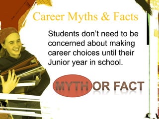 Students don’t need to be
concerned about making
career choices until their
Junior year in school.
Career Myths & Facts
 
