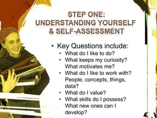 • Key Questions include:
• What do I like to do?
• What keeps my curiosity?
What motivates me?
• What do I like to work with?
People, concepts, things,
data?
• What do I value?
• What skills do I possess?
What new ones can I
develop?
 