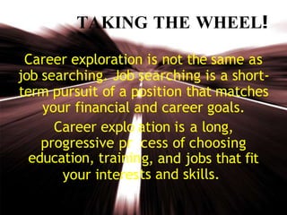 TAKING THE WHEEL!
Career exploration is not the same as
job searching. Job searching is a short-
term pursuit of a position that matches
your financial and career goals.
Career explo ation is a long,
progressive pr cess of choosing
education, trainin
your interes
g, and jobs that fit
ts and skills.
 