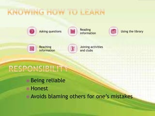 Asking questions
Reading
information
Using the library
Reaching
information
Joining activities
and clubs
 Being reliable
 Honest
 Avoids blaming others for one’s mistakes
 