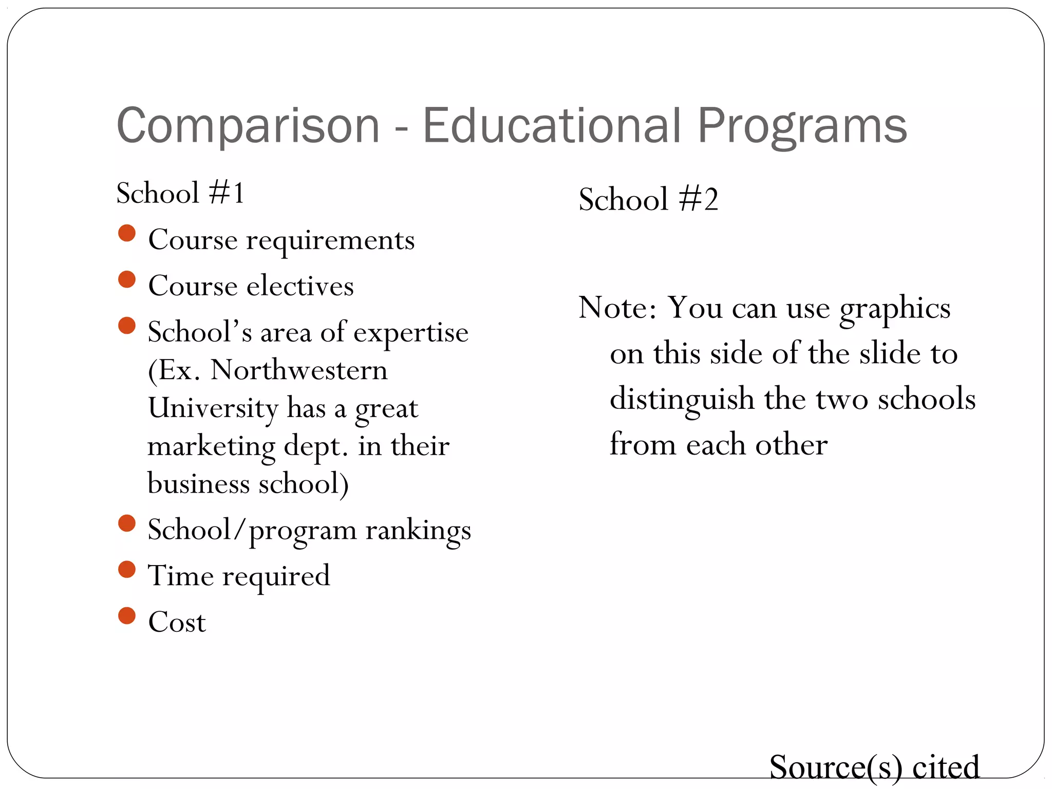 Comparison - Educational Programs
School #1
Course requirements
Course electives
School’s area of expertise
(Ex. Northwestern
University has a great
marketing dept. in their
business school)
School/program rankings
Time required
Cost
School #2
Note: You can use graphics
on this side of the slide to
distinguish the two schools
from each other
Source(s) cited
 