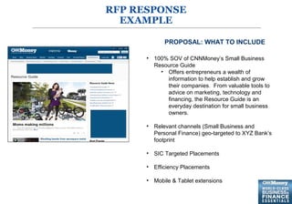 6
RFP RESPONSE
EXAMPLE
• 100% SOV of CNNMoney’s Small Business
Resource Guide
• Offers entrepreneurs a wealth of
information to help establish and grow
their companies. From valuable tools to
advice on marketing, technology and
financing, the Resource Guide is an
everyday destination for small business
owners.
• Relevant channels (Small Business and
Personal Finance) geo-targeted to XYZ Bank’s
footprint
• SIC Targeted Placements
• Efficiency Placements
• Mobile & Tablet extensions
PROPOSAL: WHAT TO INCLUDE
 