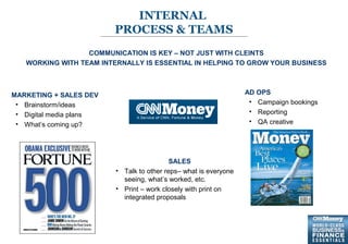 8
INTERNAL
PROCESS & TEAMS
MARKETING + SALES DEV
• Brainstorm/ideas
• Digital media plans
• What’s coming up?
AD OPS
• Campaign bookings
• Reporting
• QA creative
SALES
• Talk to other reps– what is everyone
seeing, what’s worked, etc.
• Print – work closely with print on
integrated proposals
COMMUNICATION IS KEY – NOT JUST WITH CLEINTS
WORKING WITH TEAM INTERNALLY IS ESSENTIAL IN HELPING TO GROW YOUR BUSINESS
 