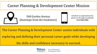 Career Planning & Development Center Mission
The Career Planning & Development Center assists individuals with
exploring and defining their personal career goals while developing
the skills and confidence necessary to succeed.
568 Garden Avenue
(footsteps from the bookstore)
Schedule an appointment by
phone or through GorlokJobs
314-968-6982
 