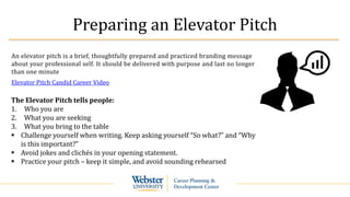 Preparing an Elevator Pitch
The Elevator Pitch tells people:
1. Who you are
2. What you are seeking
3. What you bring to the table
 Challenge yourself when writing. Keep asking yourself “So what?” and “Why
is this important?”
 Avoid jokes and clichés in your opening statement.
 Practice your pitch – keep it simple, and avoid sounding rehearsed
An elevator pitch is a brief, thoughtfully prepared and practiced branding message
about your professional self. It should be delivered with purpose and last no longer
than one minute
Elevator Pitch Candid Career Video
 