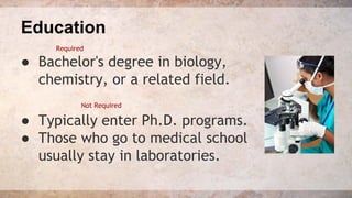 Education 
Required 
● Bachelor's degree in biology, 
chemistry, or a related field. 
Not Required 
● Typically enter Ph.D. programs. 
● Those who go to medical school 
usually stay in laboratories. 
 