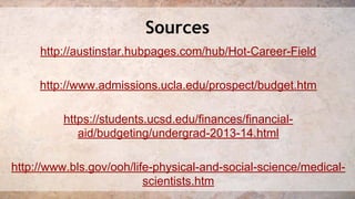 Sources 
http://austinstar.hubpages.com/hub/Hot-Career-Field 
http://www.admissions.ucla.edu/prospect/budget.htm 
https://students.ucsd.edu/finances/financial-aid/ 
budgeting/undergrad-2013-14.html 
http://www.bls.gov/ooh/life-physical-and-social-science/medical-scientists. 
htm 
