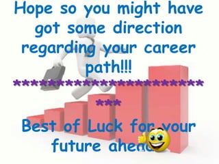 Hope so you might have
   got some direction
 regarding your career
         path!!!
**********************
          ***
 Best of Luck for your
     future ahead…
 