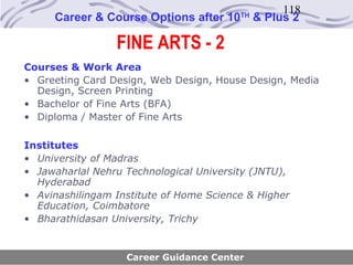 118
     Career & Course Options after 10    TH
                                              & Plus 2

                 FINE ARTS - 2
Courses & Work Area
• Greeting Card Design, Web Design, House Design, Media
  Design, Screen Printing
• Bachelor of Fine Arts (BFA)
• Diploma / Master of Fine Arts

Institutes
• University of Madras
• Jawaharlal Nehru Technological University (JNTU),
  Hyderabad
• Avinashilingam Institute of Home Science & Higher
  Education, Coimbatore
• Bharathidasan University, Trichy


                   Career Guidance Center
 